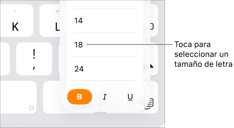 El botón Tamaño de letra del lado derecho del teclado del iPad con el menú Tamaño de letra abierto. Los tamaños de letra estándar del gobierno chino aparecen al principio del menú, arriba de los tamaños de punto.