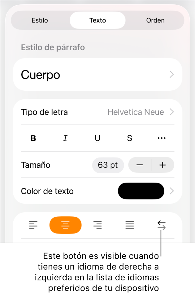 Los controles de texto se encuentran en el menú de Formato con un mensaje que señala el botón de derecha a izquierda.