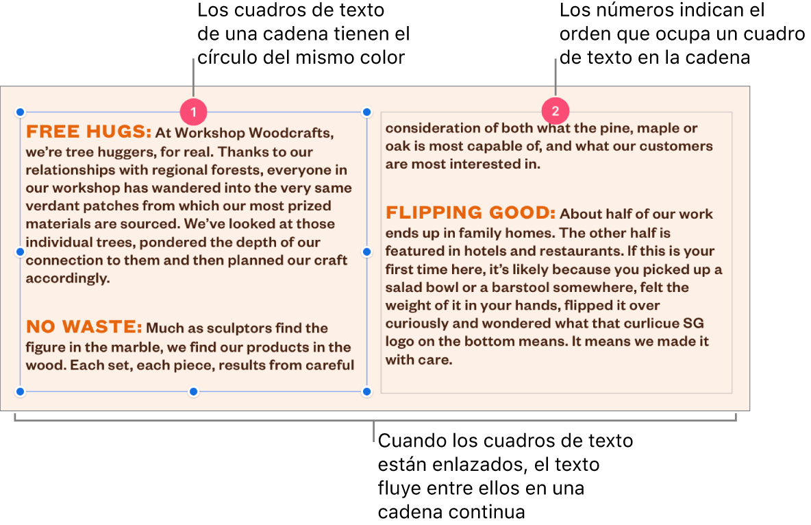 Dos cuadros de texto con círculos de color morado en la parte superior y los números 1 y 2 dentro de los círculos.