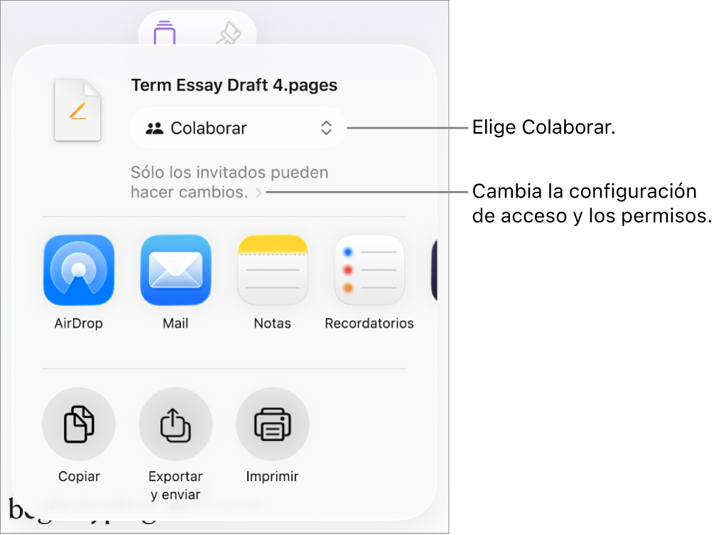 El menú Compartir con la opción Colaborar seleccionada en la parte superior, y la configuración de acceso y permisos debajo.