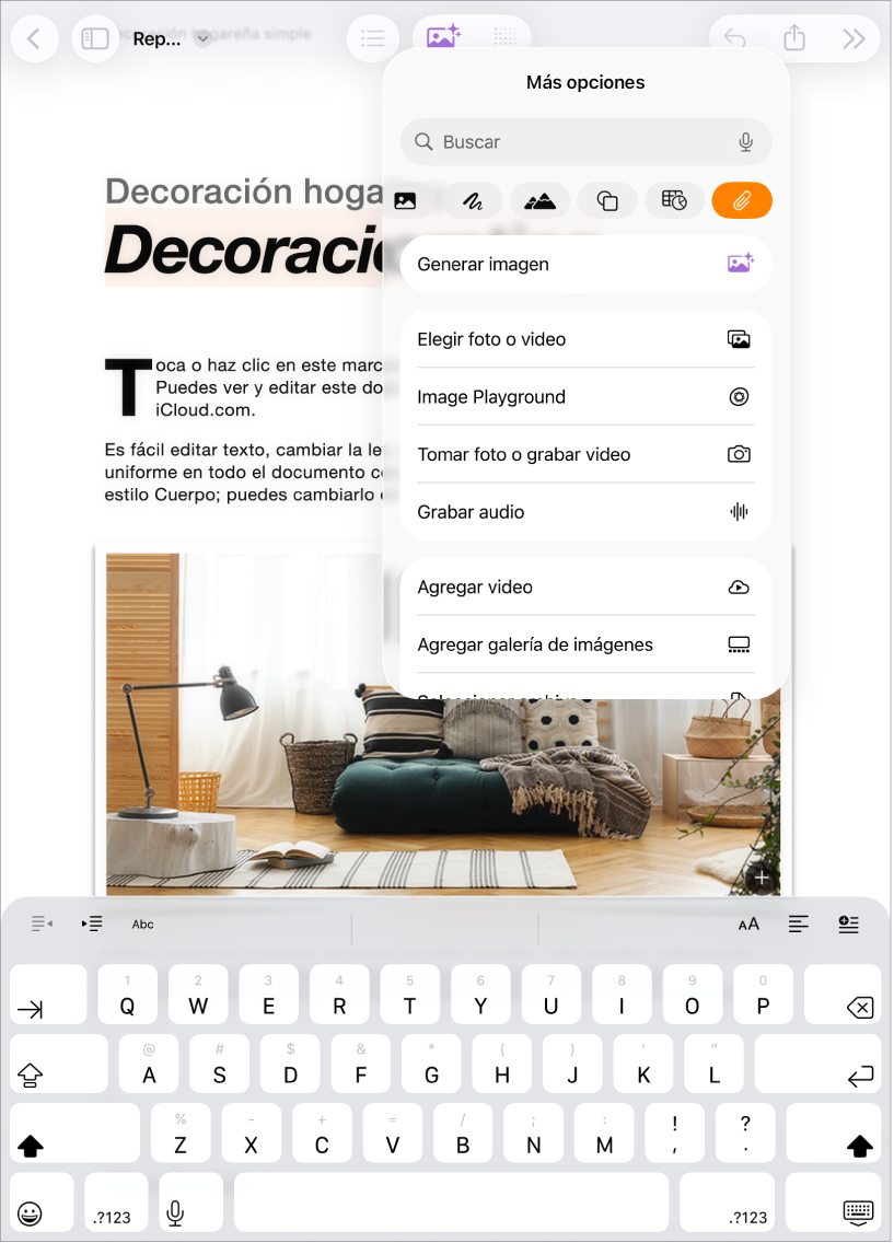 Documento de Pages abierto mostrando el menú Insertar y con el menú de medios abierto.