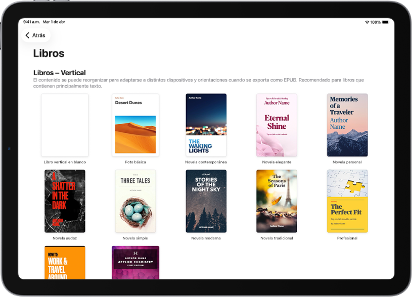 El selector de plantillas con plantillas de libros con orientación vertical en la parte superior, y horizontal en la parte inferior.