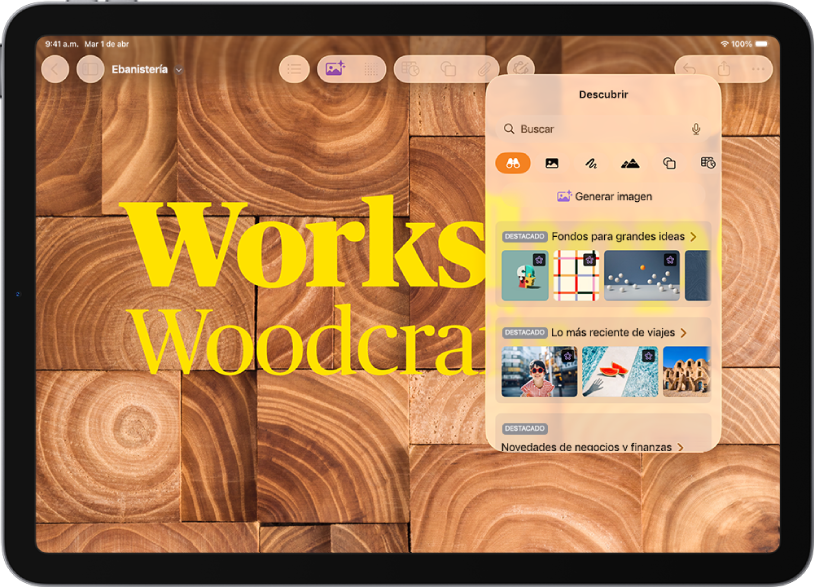 La categoría Descubrir del centro de contenido, que muestra opciones para generar una imagen o agregar imágenes premium a un documento.