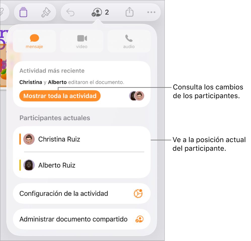 El menú de colaboración con los participantes actuales que aparecen ahí.