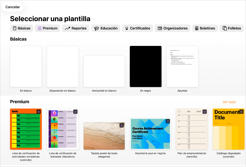 Página principal del selector de plantilla.