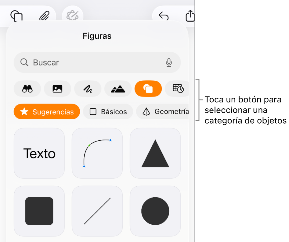 Los controles para agregar un objeto, con botones en la parte superior para seleccionar tablas, gráficas, figuras (líneas y cuadros de texto incluidos) y contenidos.