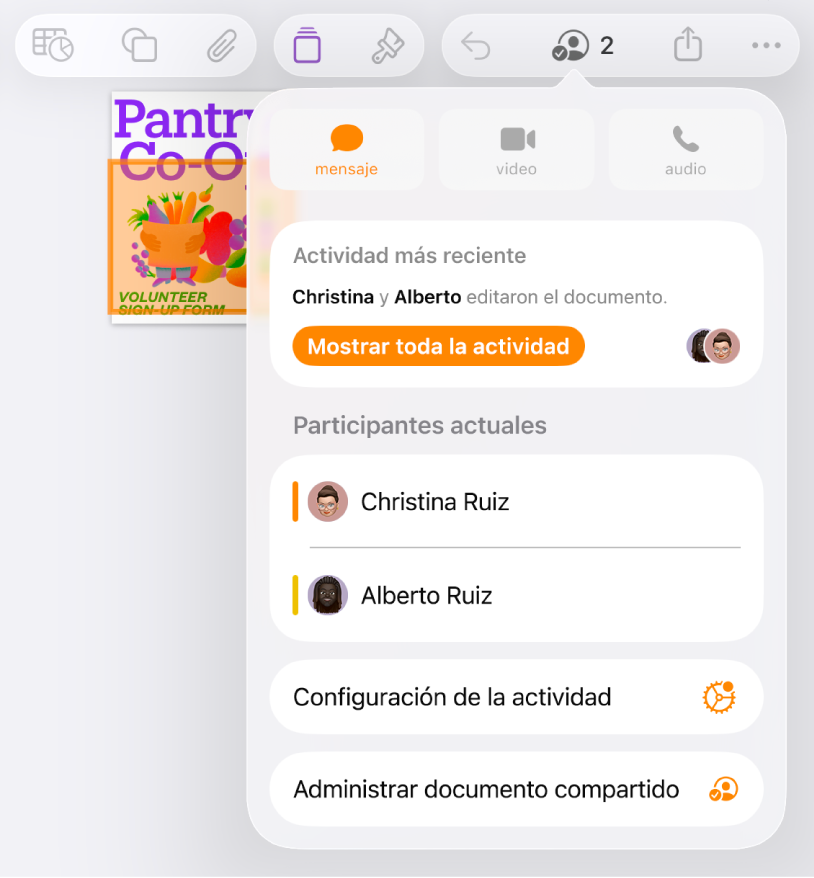 El menú de colaboración mostrando los nombres de las personas que colaboran en el documento.