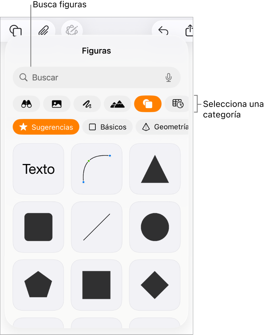 La biblioteca de figuras, con las categorías en la parte superior y las figuras mostradas abajo. Puedes usar el campo de búsqueda de la parte superior para buscar figuras y deslizar para ver más.