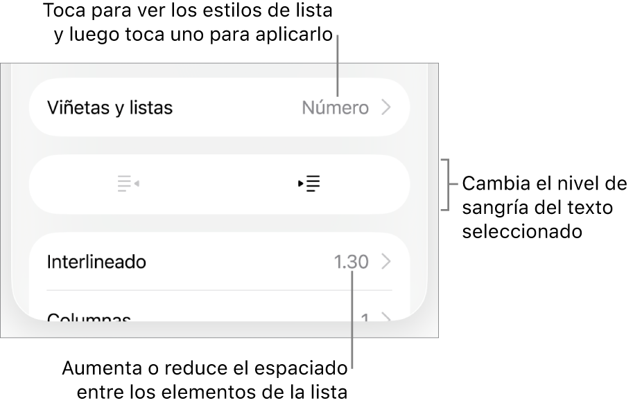 La sección Viñetas y listas de los controles de formato con texto que señala la sección Viñetas y listas, los botones de las sangría derecha o izquierda y controles de interlineado.