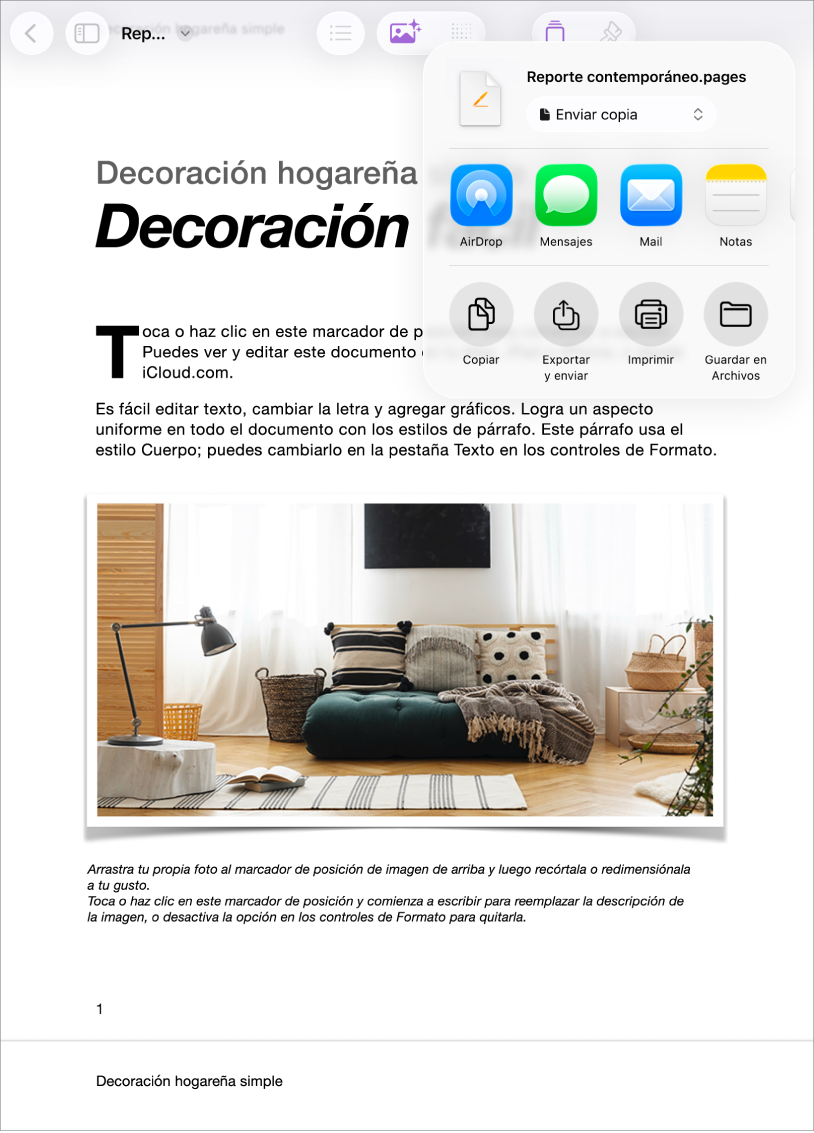 En un documento de trabajo, con las opciones para Compartir o Exportar abiertas.