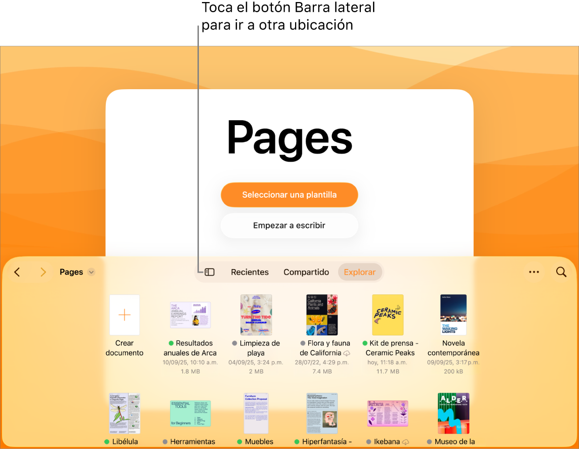 La vista de exploración del administrador de documentos con el botón Barra lateral en la esquina superior izquierda. En la parte superior derecha están el botón Agregar, el botón Nueva carpeta, el botón Íconos (para ordenar por nombre, fecha, tamaño o etiqueta), el botón Seleccionar y el botón Buscar. Debajo hay miniaturas de los documentos existentes.