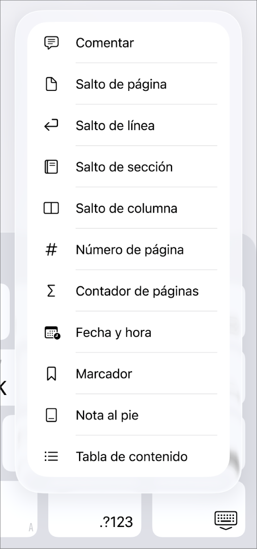 La barra de funciones rápidas con los controles Insertar abiertos, arriba del botón Insertar.