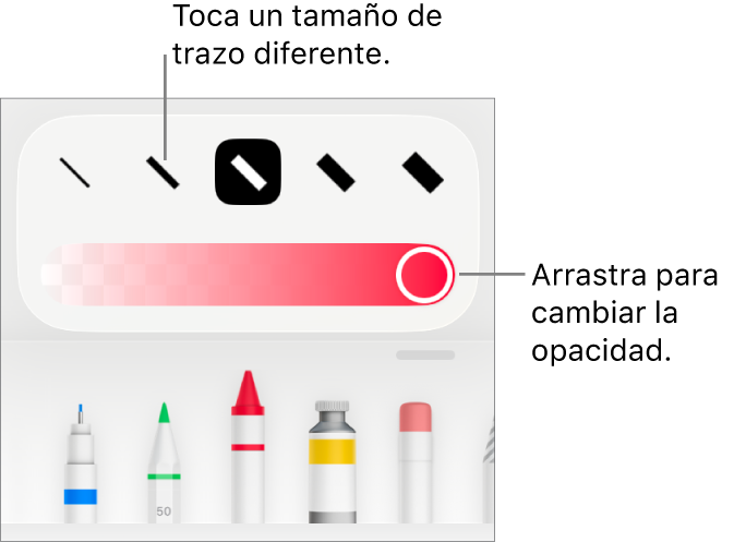 Controles para elegir el tamaño del trazo y selector para ajustar la opacidad.
