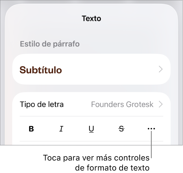 La pestaña Texto de los controles de formato, con un mensaje en el botón Más opciones de texto.