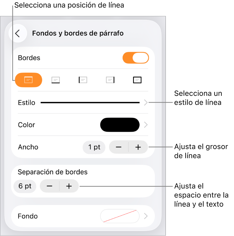 Controles para cambiar el estilo de línea, grosor, posición y color.