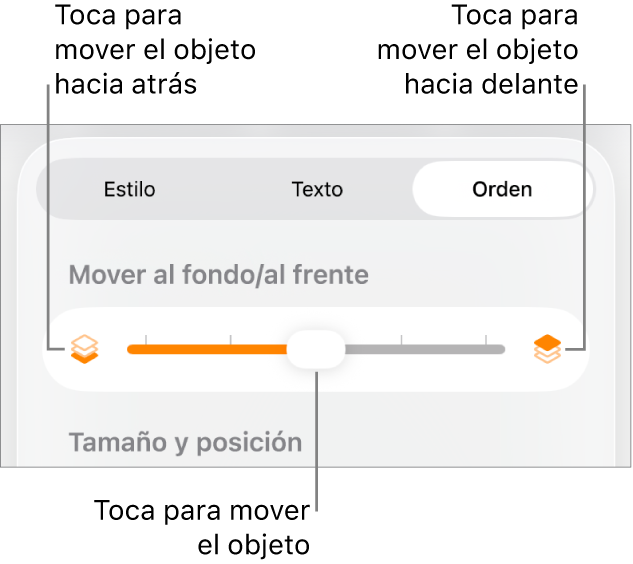 Botón Mover hacia atrás, botón Mover hacia delante y regulador de capa.