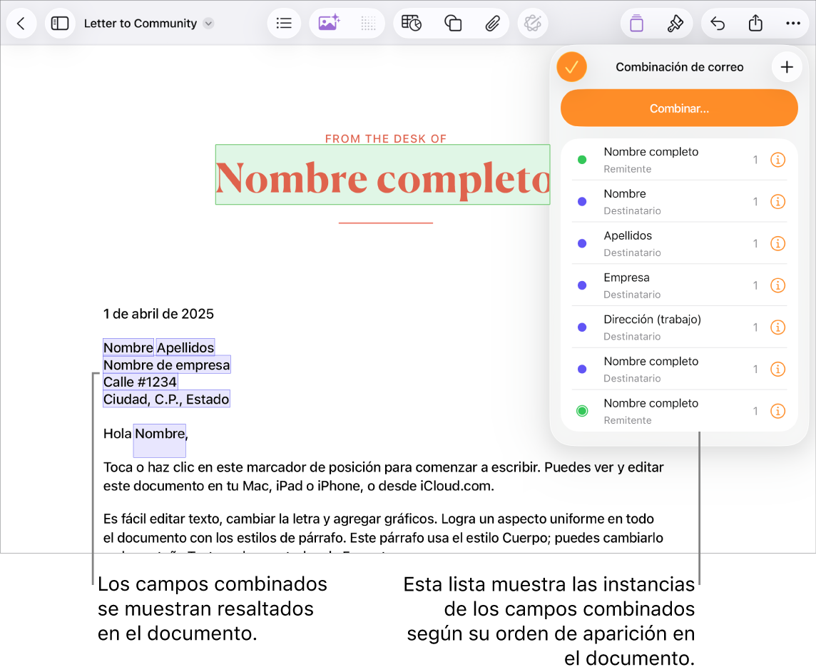 Documento de Pages con campos de combinación del remitente y del destinatario, y la lista de casos de campos de combinación visible en la barra lateral del documento.
