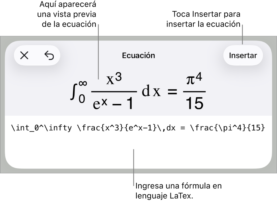 El cuadro de diálogo Ecuación con una ecuación escrita con comandos de LaTeX y una vista previa de la fórmula encima.