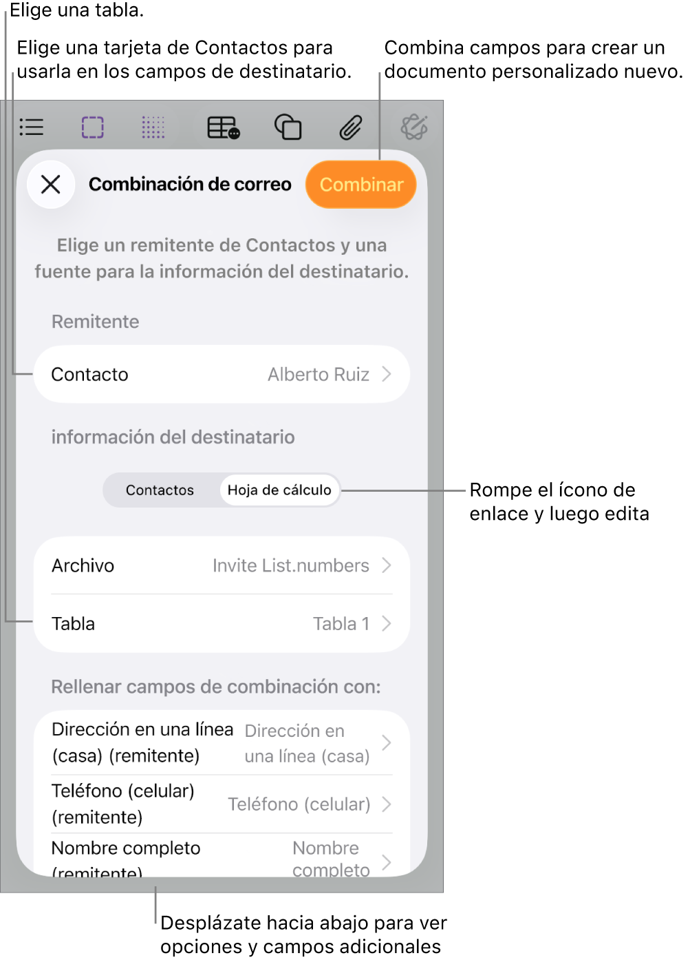 Panel Combinación de correo abierto, con opciones para elegir la información del remitente, cambiar el archivo o la tabla de origen, previsualizar los nombres de los campos de combinación o combinar el documento.