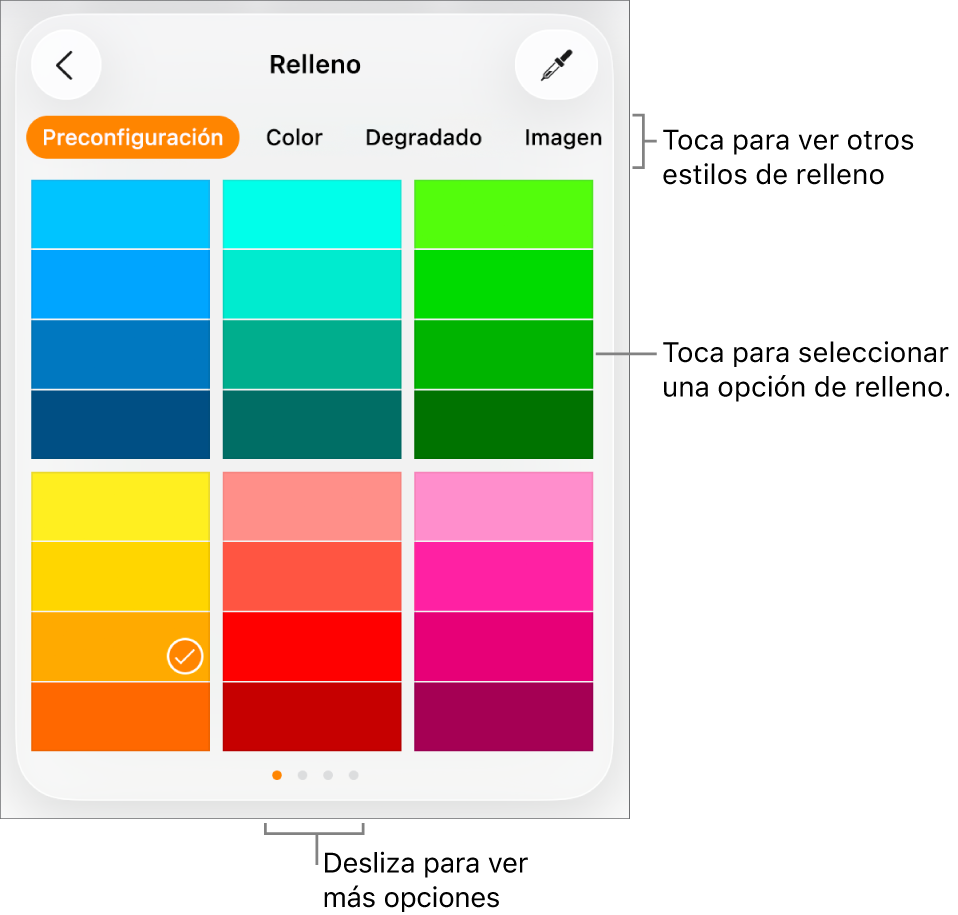 Opciones de relleno en la pestaña Estilo del botón Formato.