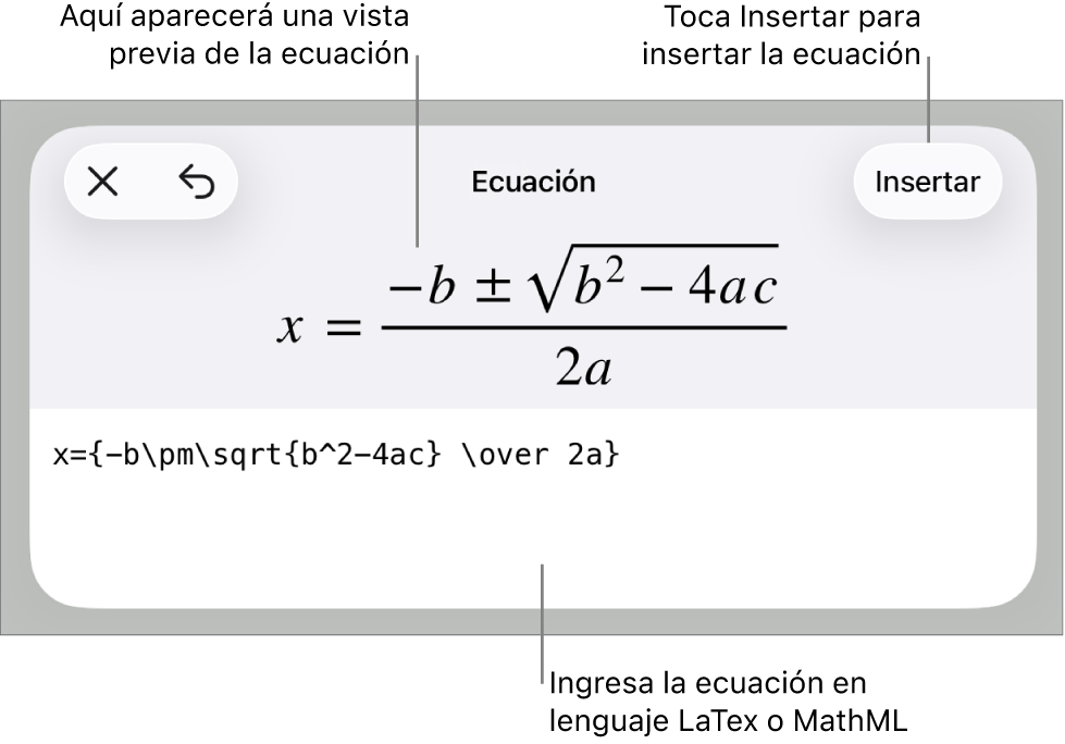 El cuadro de diálogo Ecuación con una ecuación escrita con comandos de MathML y una vista previa de la fórmula encima.
