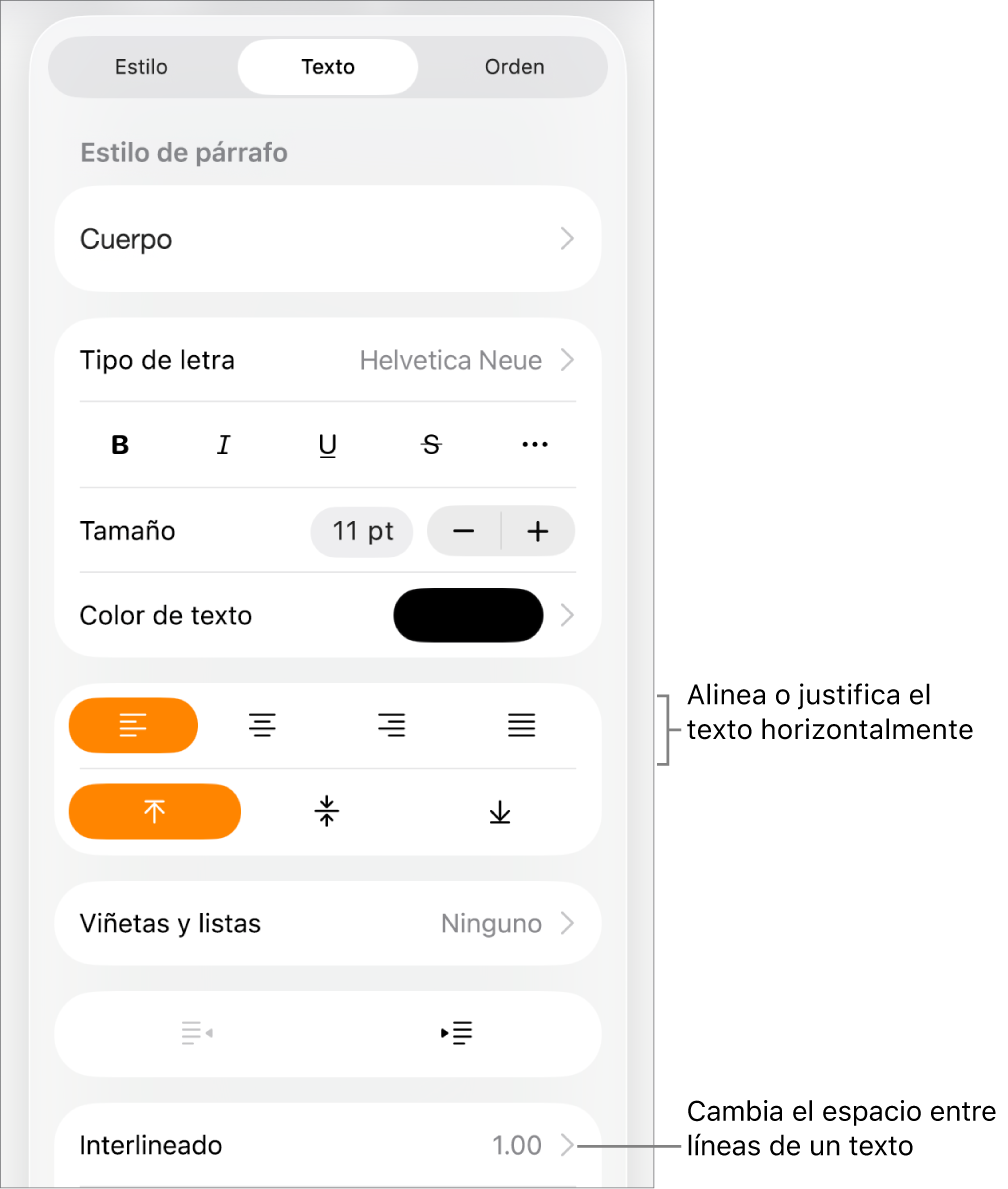 El botón controles de formato con la pestaña Texto seleccionada y mensajes en los botones de alineación de texto y el elemento de menú Interlineado.