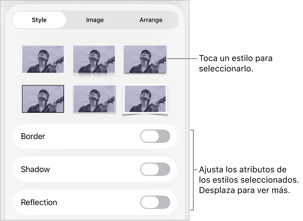 La pestaña Estilo del menú Formato con estilos de objetos en la parte superior y controles debajo para cambiar el borde, las sombras, los reflejos y la opacidad.