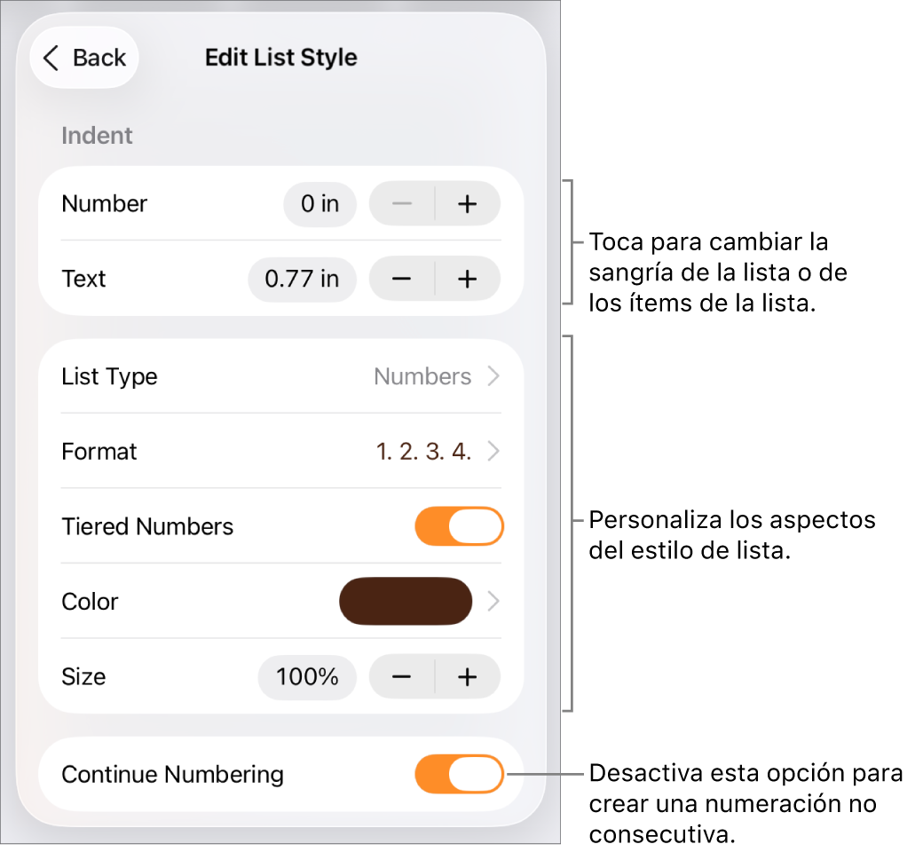Menú “Estilo de lista” con controles para el interlineado de la sangría, el tipo de lista y el formato, la numeración progresiva, el color de la lista y el tamaño, y la numeración continua.