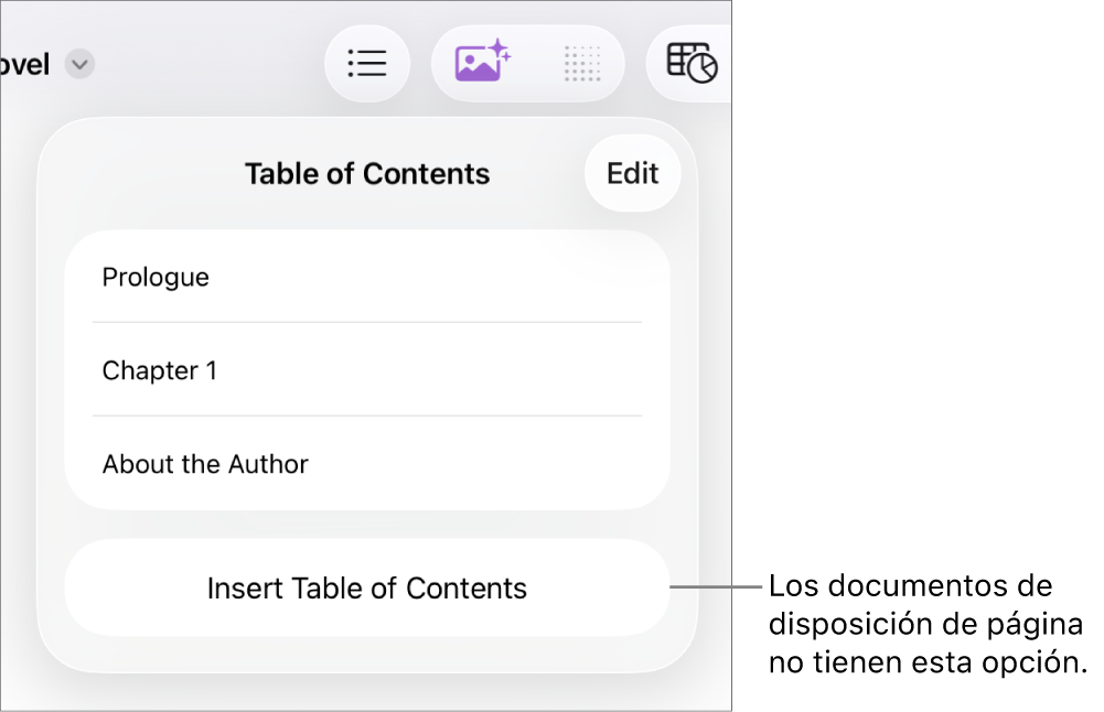 La visualización de la tabla de contenido con Editar en la esquina superior derecha, entradas de tabla de contenido y el botón “Insertar tabla de contenido” en la parte inferior.