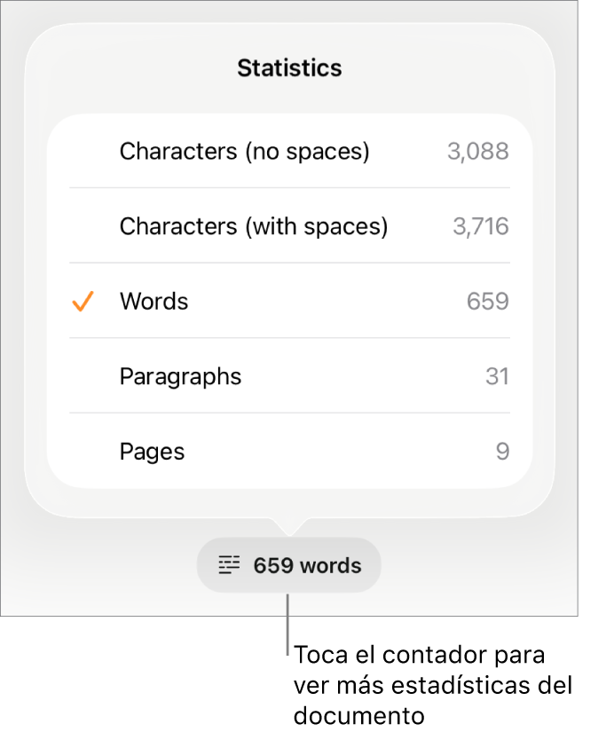 El contador de palabras con un menú que muestra las opciones para ver el número de caracteres con y sin espacios, el recuento de palabras, el recuento de párrafos y el recuento de páginas.