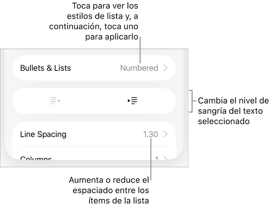 La sección “Viñetas/listas” de los controles de formato con llamadas a “Viñetas/listas”, los botones de sangría o de sangría izquierda, y los controles de interlineado.