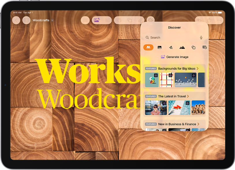 Categoría Descubrir del centro de contenido con opciones para generar una imagen o añadir imágenes premium a un documento.