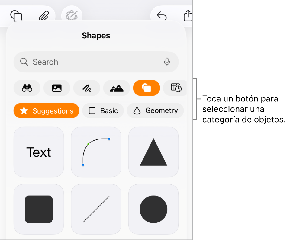 Los controles para añadir un objeto, con botones en la parte superior para seleccionar tablas, gráficas, figuras (líneas y cuadros de texto incluidos) y contenidos.