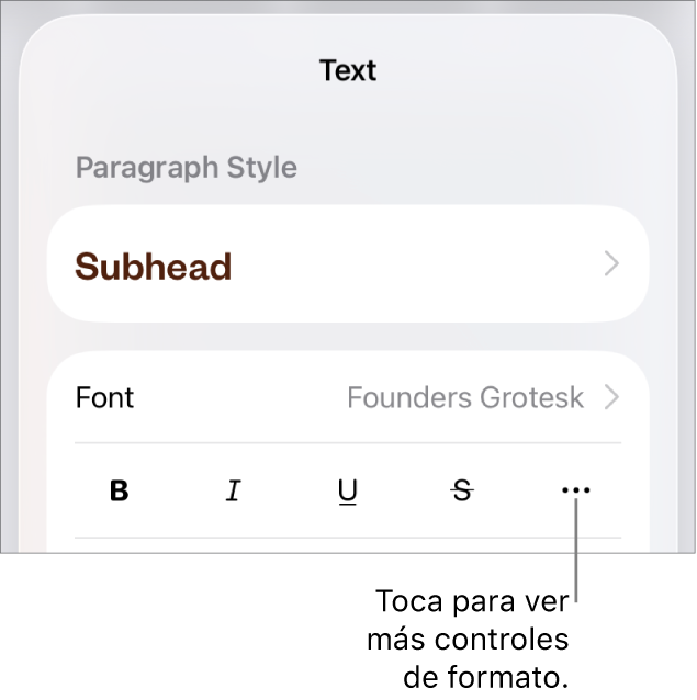 La pestaña Texto de los controles de formato, con una llamada al botón “Más opciones de texto”.