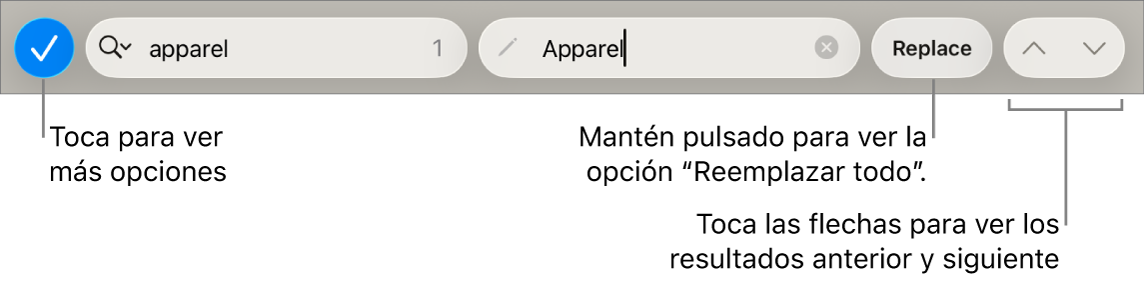 Los controles de “Buscar y reemplazar” en la parte superior del teclado con llamadas a los botones “Opciones de búsqueda”, Reemplazar, Arriba y Abajo.
