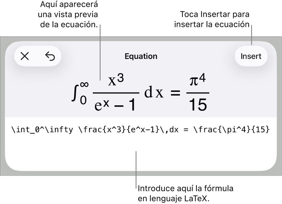 El diálogo Ecuación con una ecuación escrita con comandos de LaTeX y una previsualización de la fórmula encima.