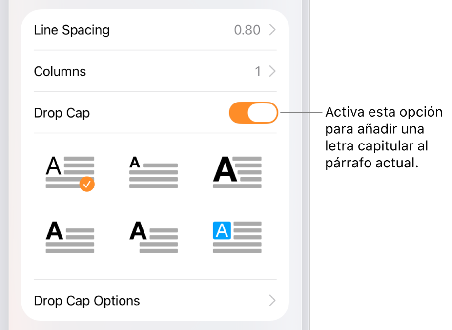 Los controles de “Letra capitular” situados en el menú Texto.