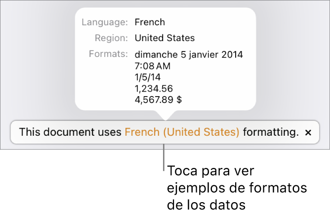 La notificación del ajuste de idioma y formato distinto, con ejemplos del formato en ese idioma y región.