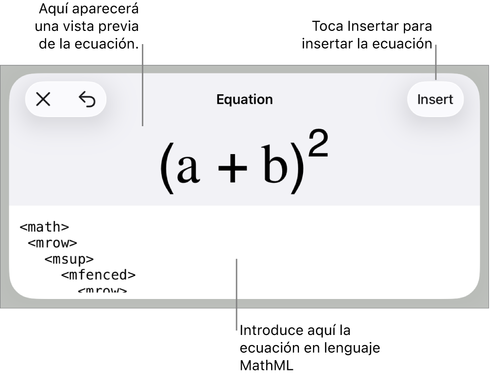 El diálogo Ecuación con una ecuación escrita con comandos de MathML y una previsualización de la fórmula encima.