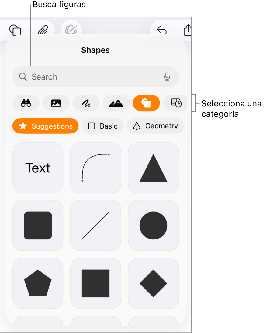 La biblioteca de figuras, con las categorías en la parte superior y las figuras mostradas abajo. Puedes usar el campo de búsqueda en la parte superior para buscar figuras y deslizar para ver más.