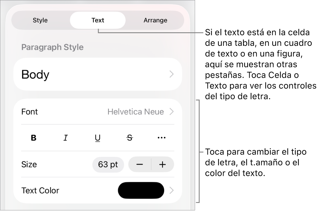 Controles de texto en el menú Formato para configurar los estilos de párrafo y carácter, tipo de letra, tamaño y color.