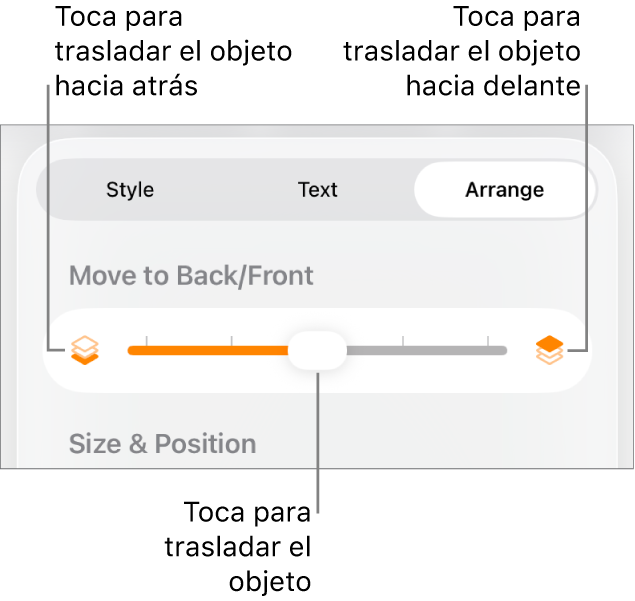 Botón “Mover hacia atrás”, botón “Mover hacia delante” y regulador de capa.