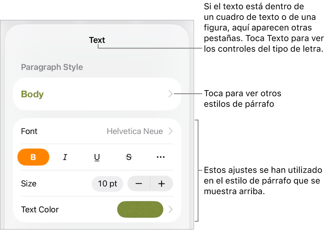 El menú Formato, que muestra controles de texto para configurar los estilos de párrafo y carácter, tipo de letra, tamaño y color.