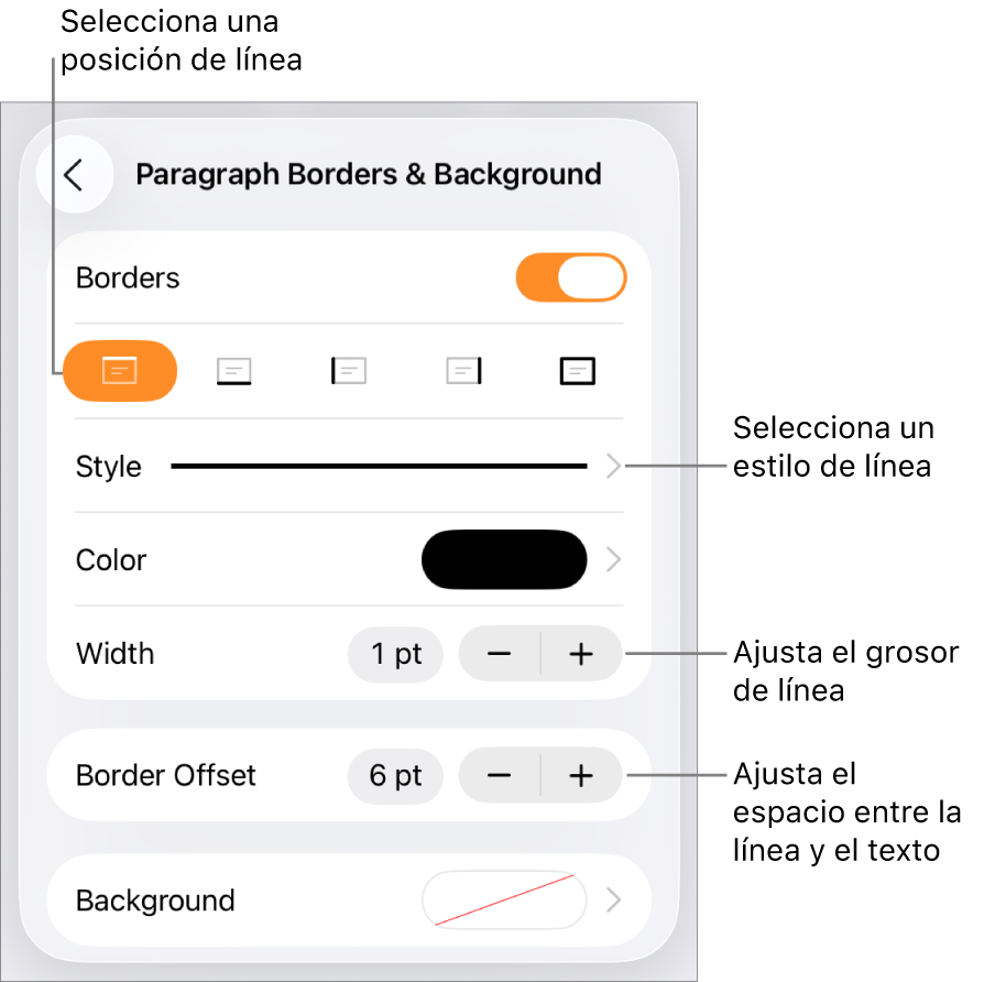 Controles para cambiar el estilo de línea, grosor, posición y color.