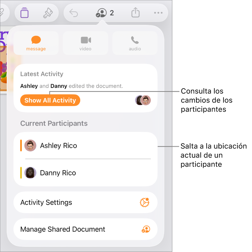 El menú de colaboración con los participantes actuales.