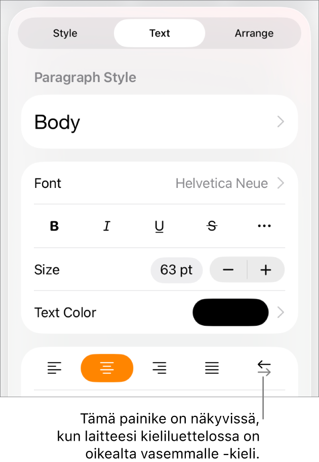 Muoto-valikon tekstisäätimet ja selite, joka osoittaa Oikealta vasemmalle -painikkeeseen.
