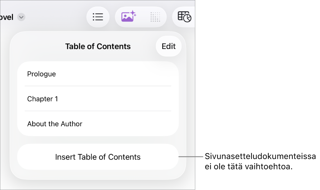 Sisällysluettelonäkymä, jossa on Muokkaa oikeassa yläkulmassa sekä sisällysluettelon kohteet ja Lisää sisällysluettelo -painike alhaalla.