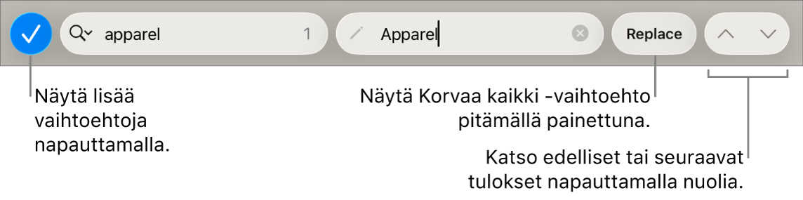 Etsi ja korvaa ‑säätimet näppäimistön yläpuolella ja selitteet Hakuvalinnat-, Korvaa-, Siirry ylös- ja Siirry alas ‑painikkeille
