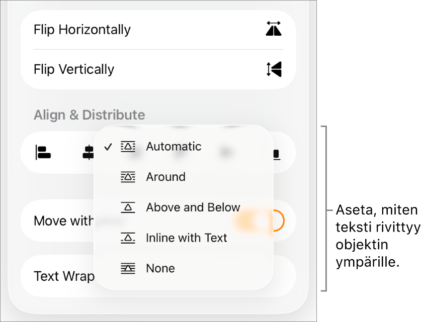 Muoto-säätimet Asettele-välilehden ollessa valittuna. Sen alla Tekstin rivitys -säätimet, joissa on Siirrä taakse/eteen, Siirrä tekstin kanssa ja Tekstin rivitys.