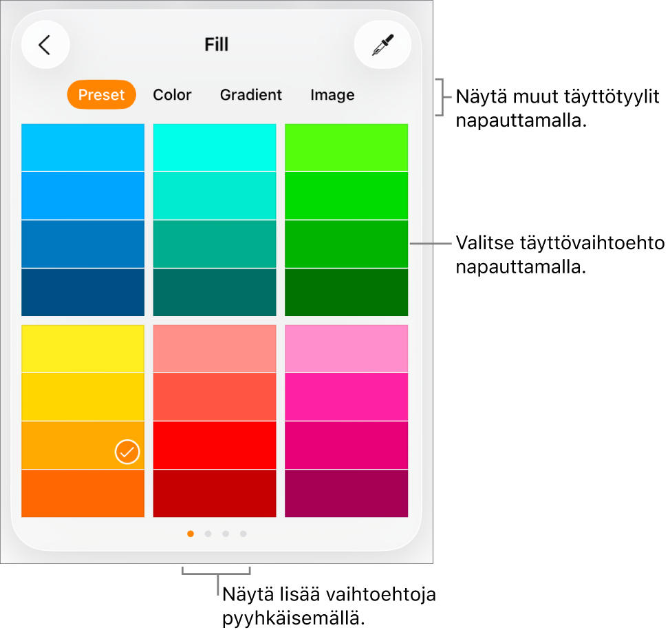 Muoto-painikkeen Tyyli-välilehden täyttövalintoja.